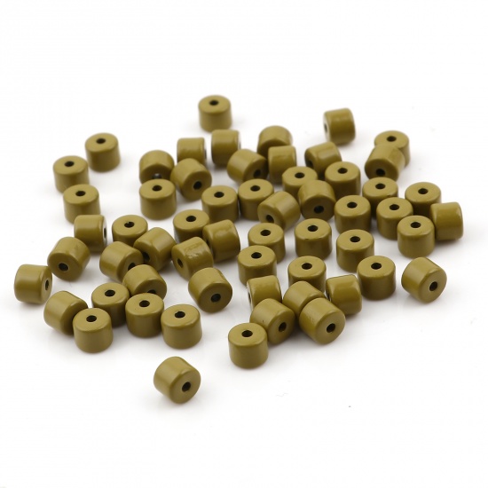 Picture of Zinc Based Alloy Enamel Spacer Beads Heishi Beads Disc Beads Cylinder Olive Green About 5mm x 4mm, Hole: Approx 1.2mm, 20 PCs