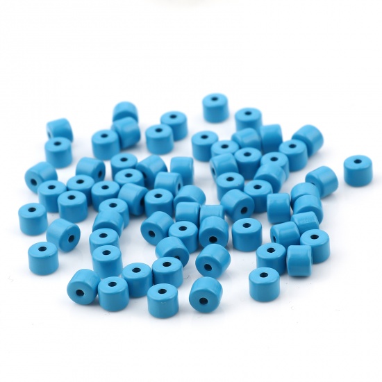 Picture of Zinc Based Alloy Enamel Spacer Beads Heishi Beads Disc Beads Cylinder Skyblue About 5mm x 4mm, Hole: Approx 1.2mm, 20 PCs