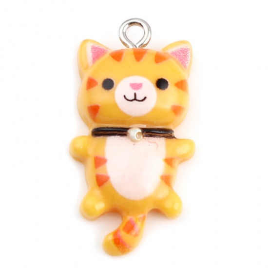 Picture of Resin Charms Cat Animal Silver Tone Orange 29mm x 15mm, 10 PCs
