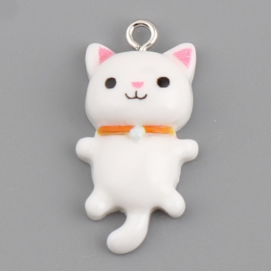 Picture of Resin Charms Cat Animal Silver Tone White 29mm x 15mm, 10 PCs