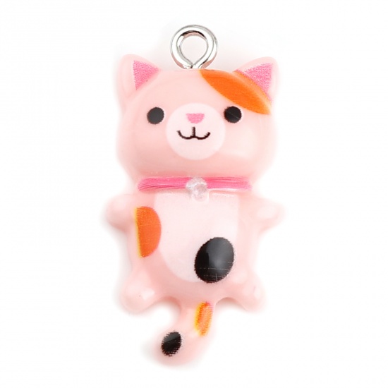 Picture of Resin Charms Cat Animal Silver Tone Peach Pink 29mm x 15mm, 10 PCs