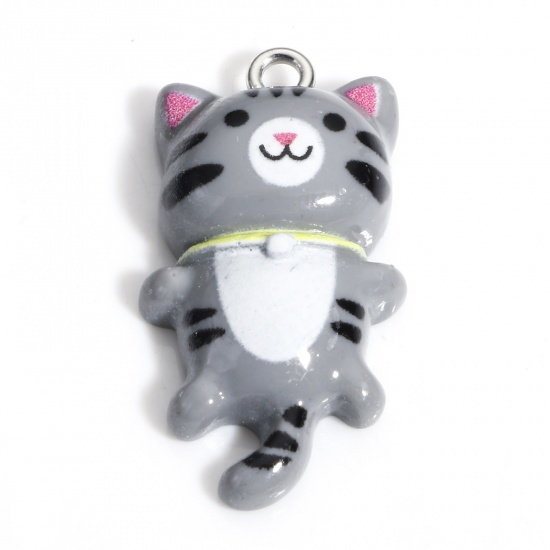 Picture of Resin Charms Cat Animal Silver Tone Gray 29mm x 15mm, 10 PCs