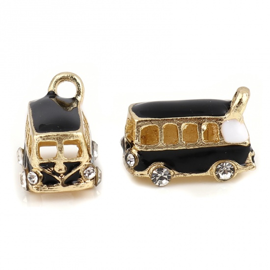 Picture of Zinc Based Alloy Travel Charms Bus Gold Plated Black Enamel Clear Rhinestone 18mm x 13mm, 2 PCs
