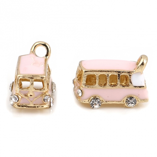 Picture of Zinc Based Alloy Travel Charms Bus Gold Plated Pink Enamel Clear Rhinestone 18mm x 13mm, 2 PCs