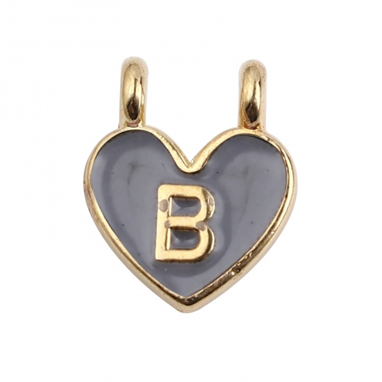 Picture of Zinc Based Alloy Charms Heart Gold Plated Gray Initial Alphabet/ Capital Letter Message " B " Enamel 14mm x 11mm, 10 PCs