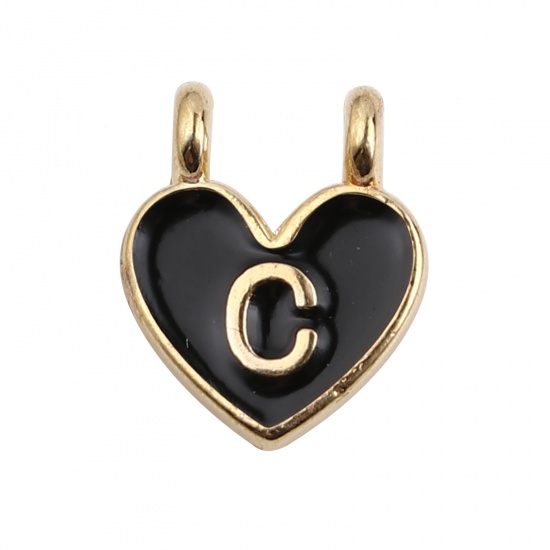 Picture of Zinc Based Alloy Charms Heart Gold Plated Black Initial Alphabet/ Capital Letter Message " C " Enamel 14mm x 11mm, 10 PCs