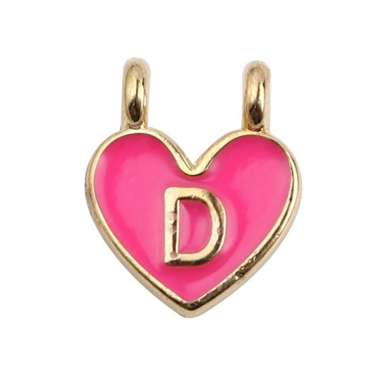 Picture of Zinc Based Alloy Charms Heart Gold Plated Neon Pink Initial Alphabet/ Capital Letter Message " D " Enamel 14mm x 11mm, 10 PCs