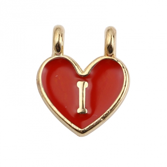 Picture of Zinc Based Alloy Charms Heart Gold Plated Red Initial Alphabet/ Capital Letter Message " I " Enamel 14mm x 11mm, 10 PCs
