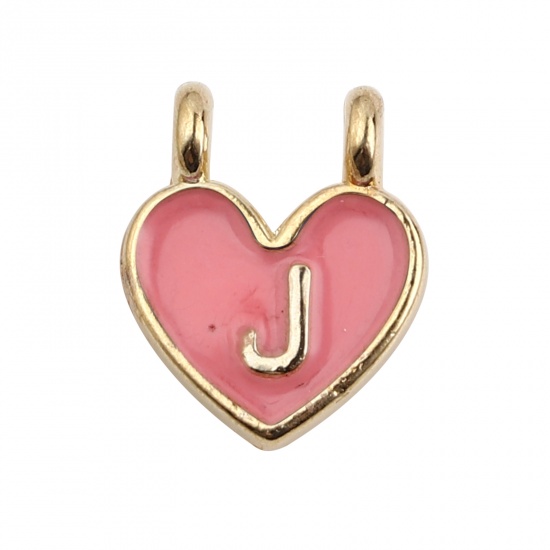 Picture of Zinc Based Alloy Charms Heart Gold Plated Pink Initial Alphabet/ Capital Letter Message " J " Enamel 14mm x 11mm, 10 PCs