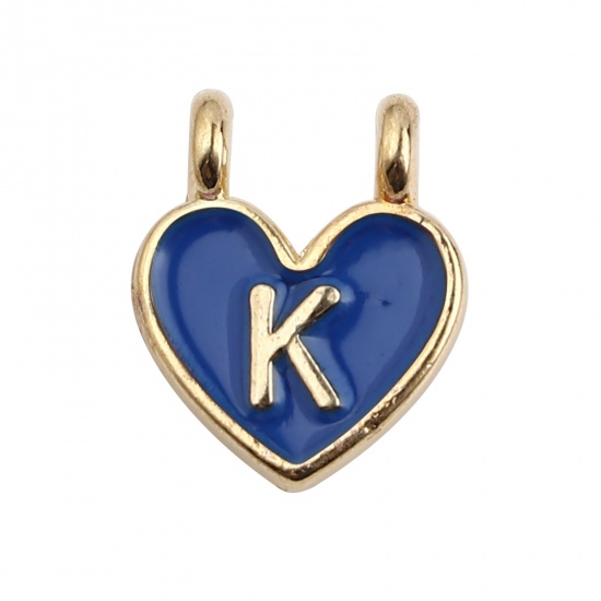 Picture of Zinc Based Alloy Charms Heart Gold Plated Blue Initial Alphabet/ Capital Letter Message " K " Enamel 14mm x 11mm, 10 PCs