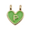 Picture of Zinc Based Alloy Charms Heart Gold Plated Green Initial Alphabet/ Capital Letter Message " P " Enamel 14mm x 11mm, 10 PCs