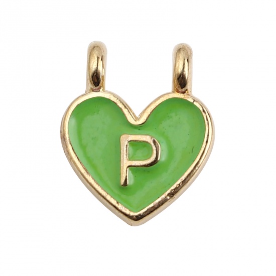 Picture of Zinc Based Alloy Charms Heart Gold Plated Green Initial Alphabet/ Capital Letter Message " P " Enamel 14mm x 11mm, 10 PCs
