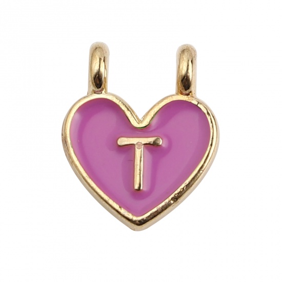 Picture of Zinc Based Alloy Charms Heart Gold Plated Pale Lilac Initial Alphabet/ Capital Letter Message " T " Enamel 14mm x 11mm, 10 PCs