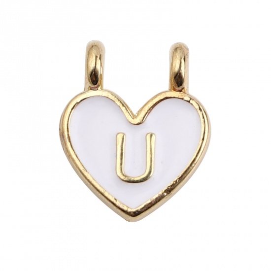 Picture of Zinc Based Alloy Charms Heart Gold Plated White Initial Alphabet/ Capital Letter Message " U " Enamel 14mm x 11mm, 10 PCs
