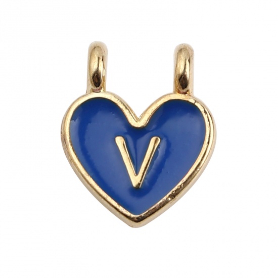 Picture of Zinc Based Alloy Charms Heart Gold Plated Blue Initial Alphabet/ Capital Letter Message " V " Enamel 14mm x 11mm, 10 PCs