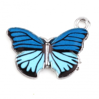 Bild von Zinklegierung Insekt Charms Schmetterling Silberfarbe Blau Emaille 20mm x 15mm, 10 Stück