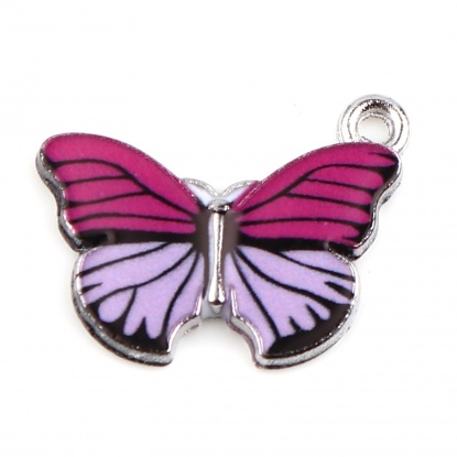 Bild von Zinklegierung Insekt Charms Schmetterling Silberfarbe Lila & Fuchsie Emaille 20mm x 15mm, 10 Stück
