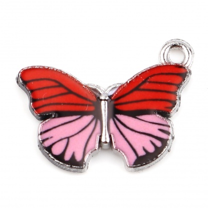 Bild von Zinklegierung Insekt Charms Schmetterling Silberfarbe Rot & Rosa Emaille 20mm x 15mm, 10 Stück