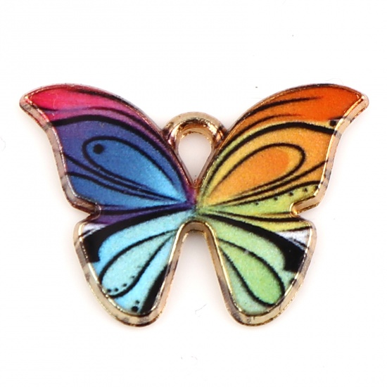 Picture of Zinc Based Alloy Insect Charms Butterfly Animal Gold Plated Multicolor Enamel 22mm x 15mm, 10 PCs
