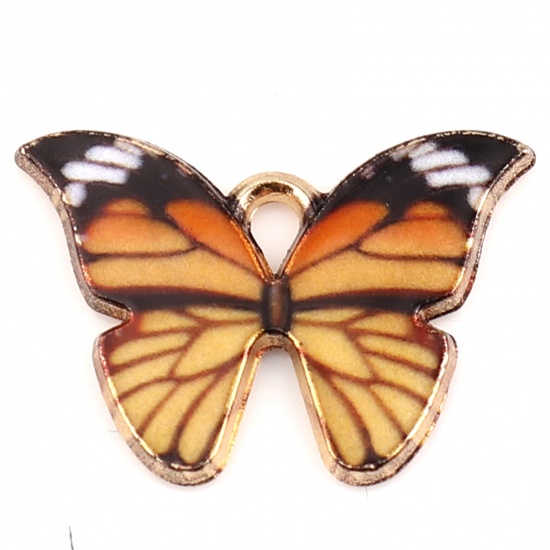 Picture of Zinc Based Alloy Insect Charms Butterfly Animal Gold Plated Orange Enamel 22mm x 15mm, 10 PCs