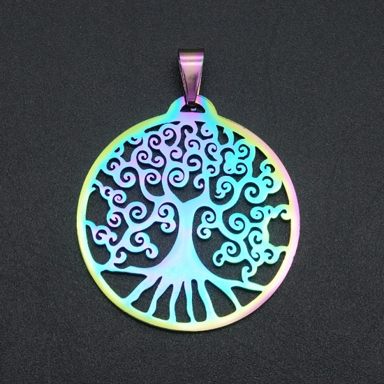 Picture of Stainless Steel Pendants Round Multicolor Tree 39mm x 30mm, 1 Piece