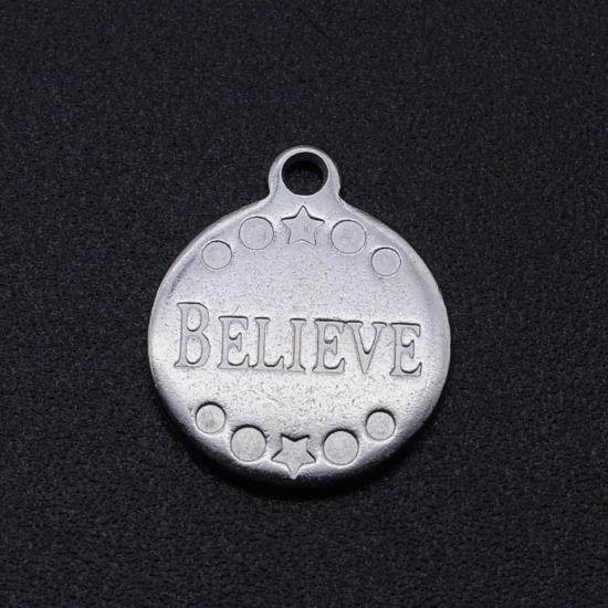 Picture of Stainless Steel Charms Round Silver Tone Message " Believe " 14mm x 12mm, 5 PCs