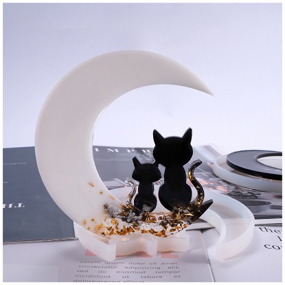 Picture of Silicone Resin Mold For Jewelry Making Half Moon Cat White 13.3cm, 1 Piece