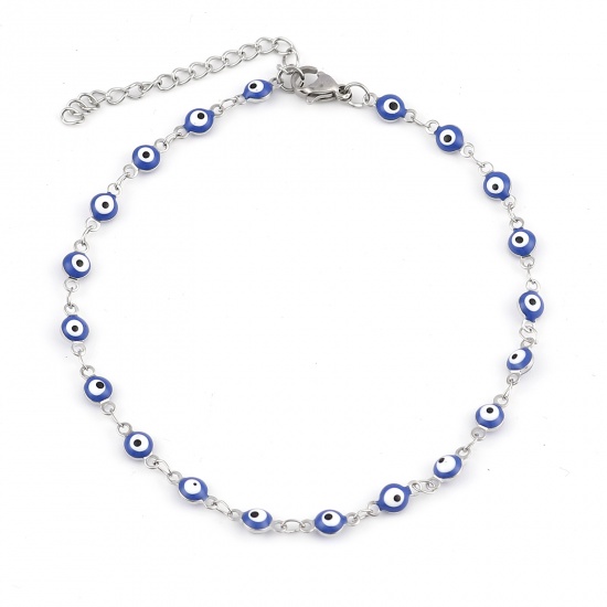 Picture of Stainless Steel Religious Anklet Silver Tone Blue Enamel Round Evil Eye 23cm(9") long, 1 Piece