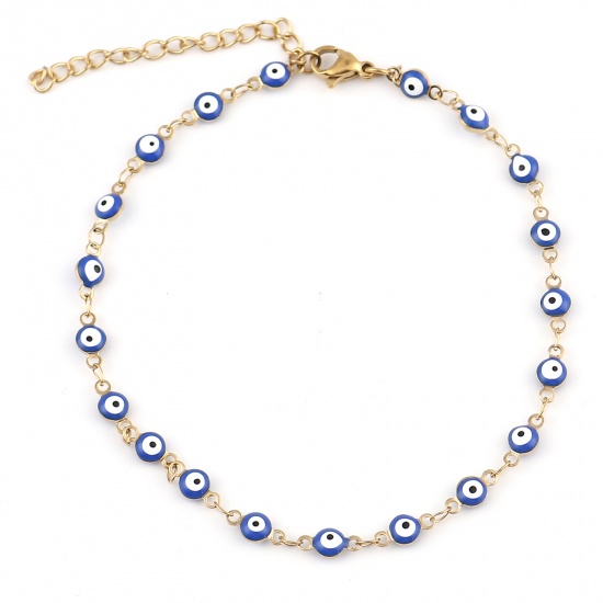 Picture of Stainless Steel Religious Anklet Gold Plated Blue Enamel Round Evil Eye 23cm(9") long, 1 Piece