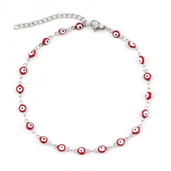 Picture of Stainless Steel Religious Anklet Silver Tone Red Enamel Round Evil Eye 23cm(9") long, 1 Piece