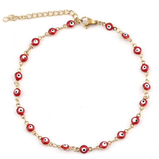 Picture of Stainless Steel Religious Anklet Gold Plated Red Enamel Round Evil Eye 23cm(9") long, 1 Piece