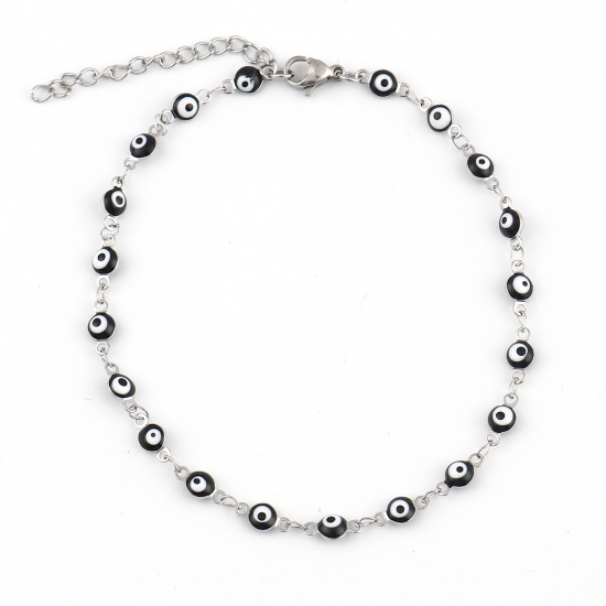 Picture of Stainless Steel Religious Anklet Silver Tone Black Enamel Round Evil Eye 23cm(9") long, 1 Piece