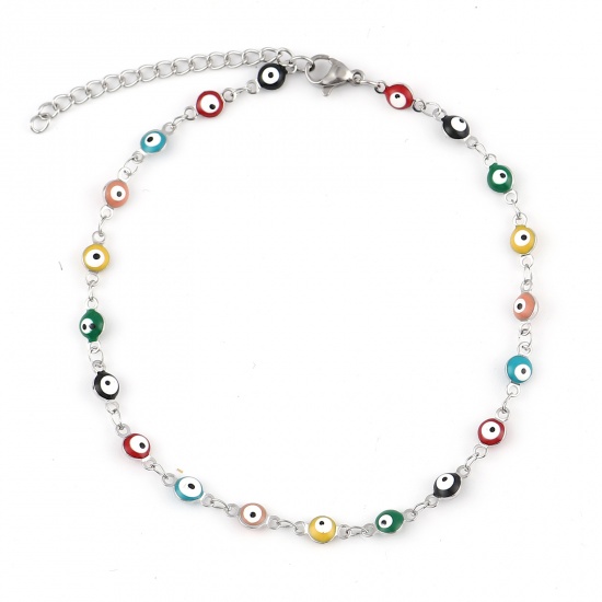 Picture of 304 Stainless Steel Religious Anklet Silver Tone Multicolor Enamel Round Evil Eye 23cm(9") long, 1 Piece