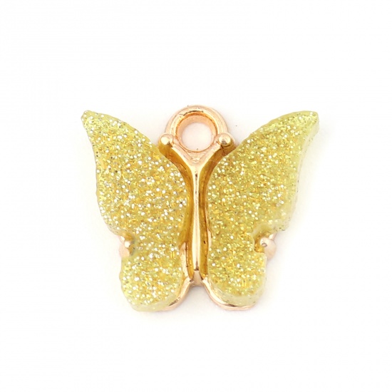 Picture of Zinc Based Alloy & Acrylic Insect Charms Butterfly Animal Gold Plated Yellow Glitter 14mm x 13mm, 10 PCs