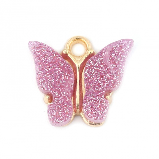 Picture of Zinc Based Alloy & Acrylic Insect Charms Butterfly Animal Gold Plated Purple Glitter 14mm x 13mm, 10 PCs