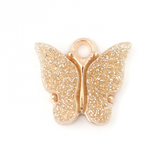 Picture of Zinc Based Alloy & Acrylic Insect Charms Butterfly Animal Gold Plated Creamy-White Glitter 14mm x 13mm, 10 PCs