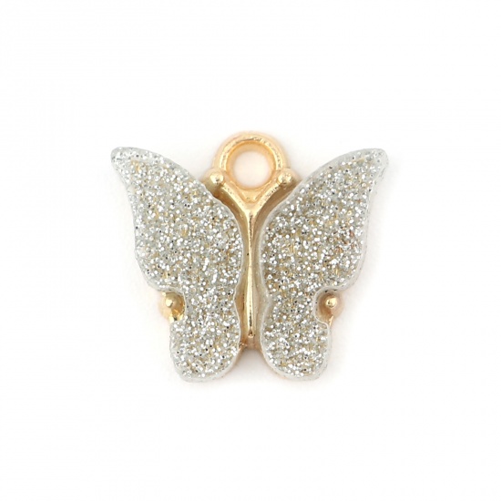 Picture of Zinc Based Alloy & Acrylic Insect Charms Butterfly Animal Gold Plated Silver-gray Glitter 14mm x 13mm, 10 PCs