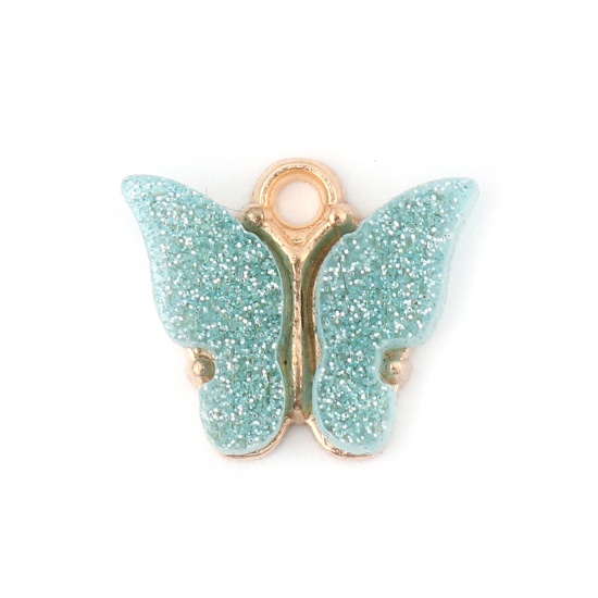 Picture of Zinc Based Alloy & Acrylic Insect Charms Butterfly Animal Gold Plated Light Blue Glitter 14mm x 13mm, 10 PCs