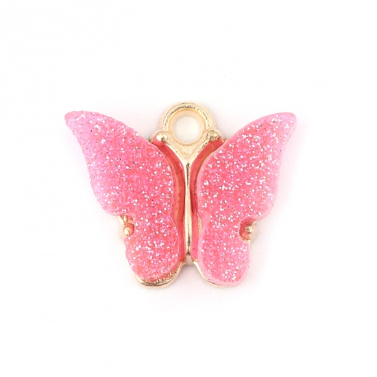 Picture of Zinc Based Alloy & Acrylic Insect Charms Butterfly Animal Gold Plated Pink Glitter 14mm x 13mm, 10 PCs
