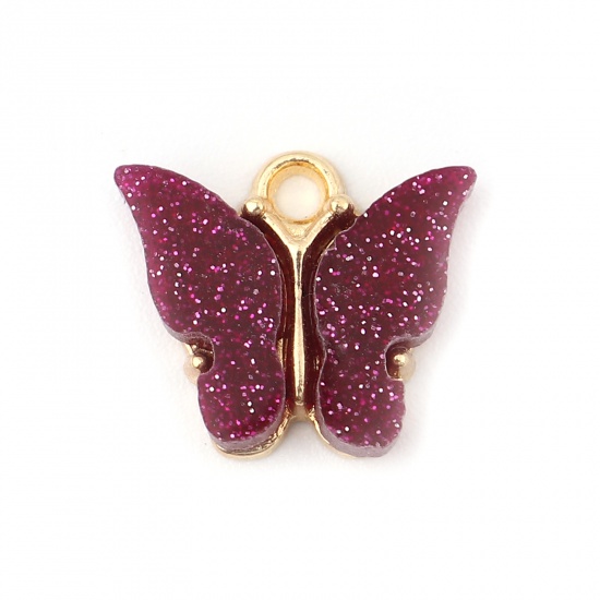Picture of Zinc Based Alloy & Acrylic Insect Charms Butterfly Animal Gold Plated Dark Purple Glitter 14mm x 13mm, 10 PCs