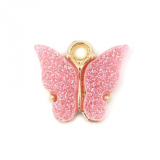 Picture of Zinc Based Alloy & Acrylic Insect Charms Butterfly Animal Gold Plated Light Pink Glitter 14mm x 13mm, 10 PCs