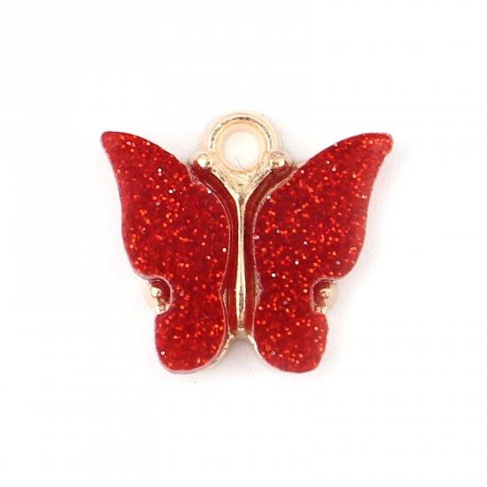 Picture of Zinc Based Alloy & Acrylic Insect Charms Butterfly Animal Gold Plated Red Glitter 14mm x 13mm, 10 PCs