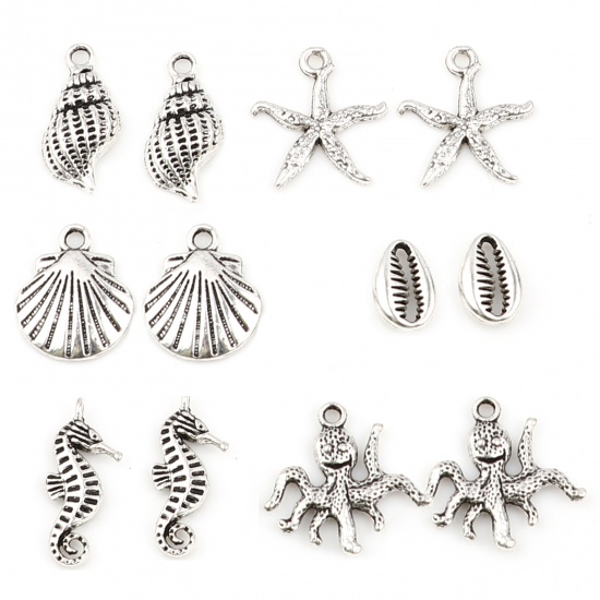 Picture of Zinc Based Alloy Ocean Jewelry Charms Seahorse Animal Antique Silver Color Octopus 20mm x 19mm - 12mm x 8mm, 1 Set ( 12 PCs/Set)