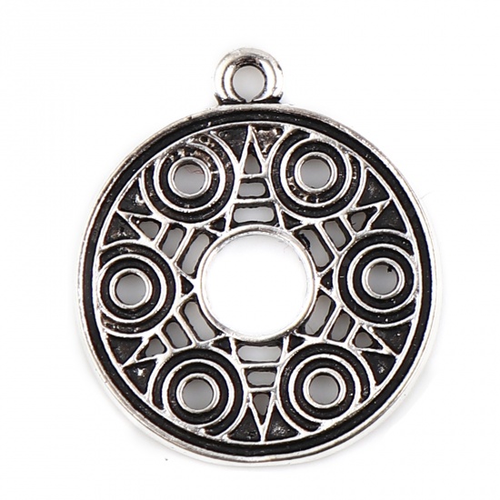 Picture of Zinc Based Alloy Charms Round Antique Silver Color Geometric 24mm x 21mm, 10 PCs