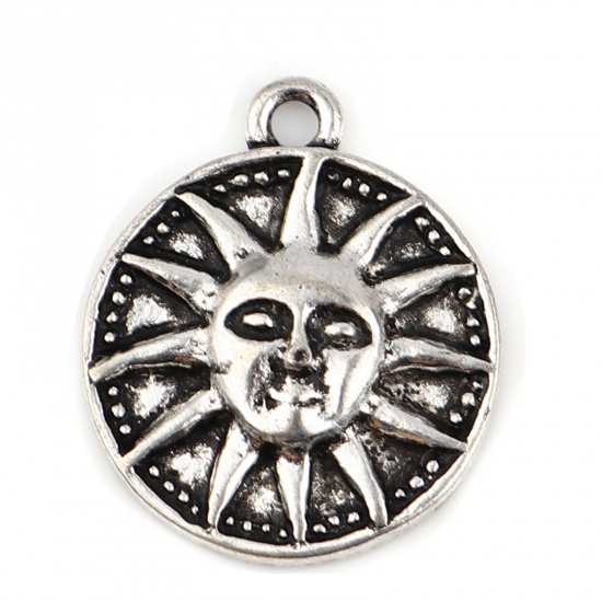 Picture of Zinc Based Alloy Galaxy Charms Round Antique Silver Color Sun 22mm x 18mm, 10 PCs