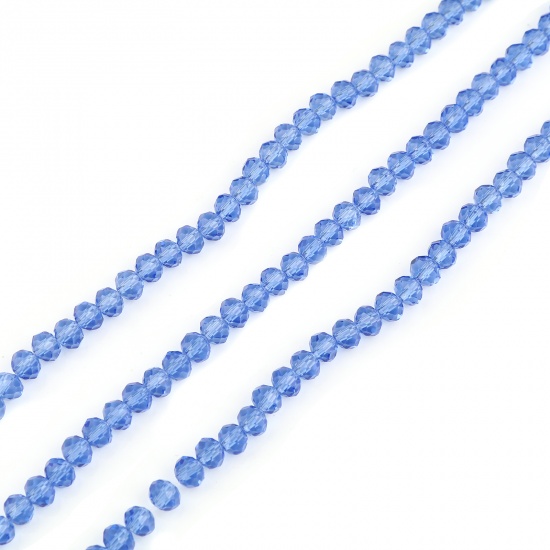 Image de Perles en Verre Rond Bleu A Facettes, Env. 4mm Dia, Trou: 0.8mm, 48cm long, 5 Enfilades (env. 138 Pcs/Enfilade)