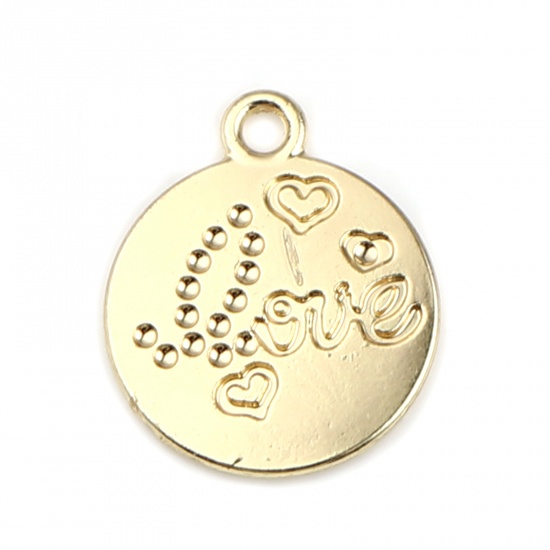 Picture of Zinc Based Alloy Valentine's Day Charms Round Gold Plated Heart Message " LOVE " 18mm x 15mm, 10 PCs