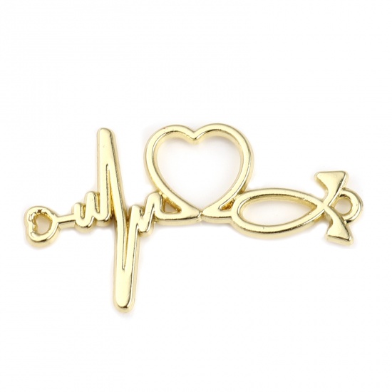 Picture of Zinc Based Alloy Medical Connectors Heartbeat/ Electrocardiogram Gold Plated Heart 34mm x 19mm, 10 PCs