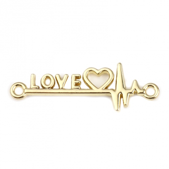 Picture of Zinc Based Alloy Medical Connectors Heartbeat/ Electrocardiogram Gold Plated Message " LOVE " 34mm x 12mm, 10 PCs