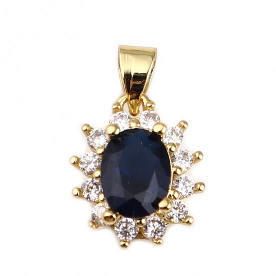 Picture of Copper Charms Gold Plated Flower Dark Blue Rhinestone 19mm x 11mm, 1 Piece